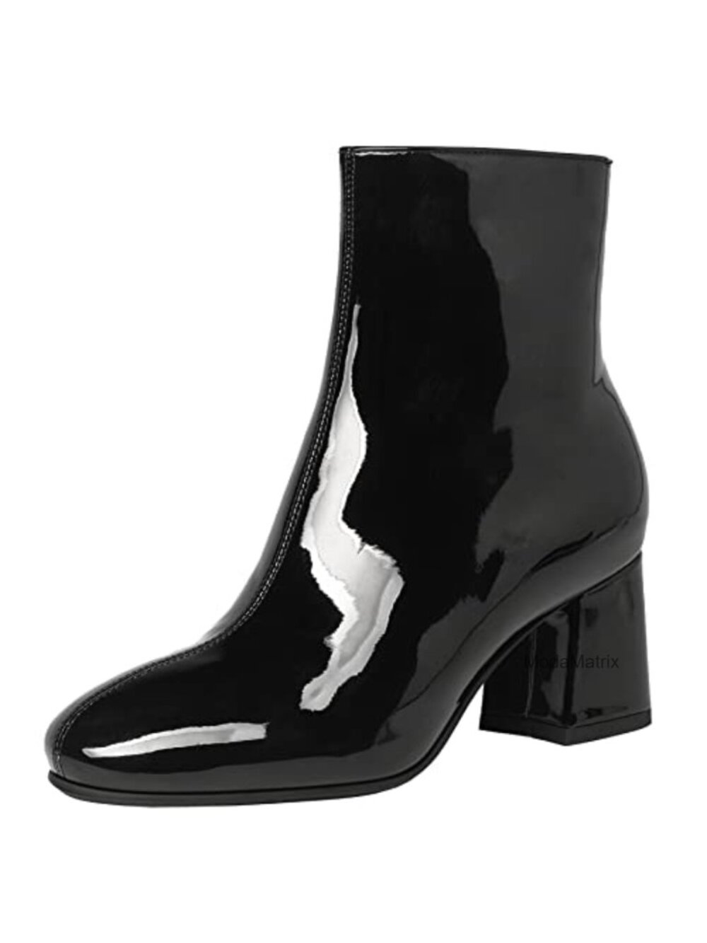 Elbslutt Women's Chunky Heeled Patent Leather Ankle Booties Square Toe Zip Up
